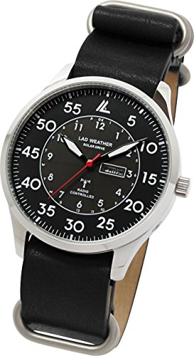 [LAD WEATHER]メンズ腕時計 薄型 ソーラー電波時計 ミリタリー時計 蓄光針 本革 lad046 (ブラック×ブラック)